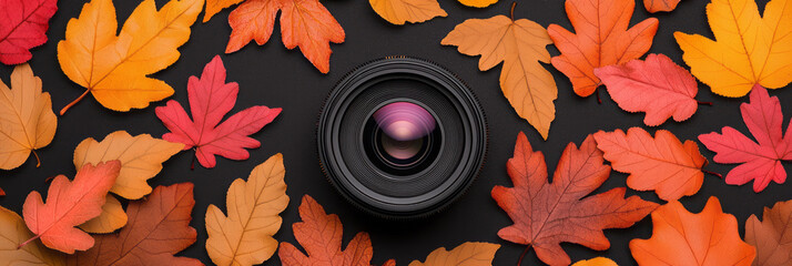 Poster - An artistic close-up of a vintage camera lens surrounded by autumn leaves, highlighting the rich textures and warm colors of the season,