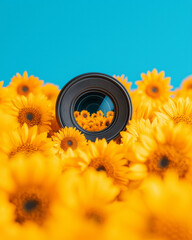 Poster - A creative close-up of a mirrorless camera lens capturing a field of sunflowers under a clear blue sky, emphasizing the vibrant yellows and greens,
