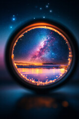 Poster - A creative close-up of a camera lens capturing a starry night sky, with constellations and the Milky Way creating a breathtaking celestial backdrop,