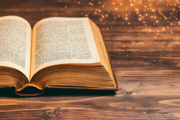 Aufkleber - A stunning close-up of an open antique book with intricate golden lettering, placed on a rustic wooden table, with soft natural lighting highlighting the delicate pages and elegant design,