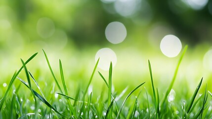 Aufkleber - Close Up of Vibrant Green Grass Blades with Dew and Bokeh Background in Natural Sunlight : Generative AI