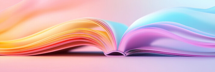 Aufkleber - A dreamy close-up of an open book with flowing ribbon bookmarks, set against a softly lit, abstract background with pastel colors and gentle shadows,
