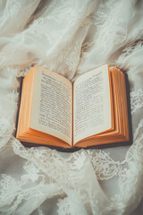 Aufkleber - An elegant close-up of an open poetry book with delicate calligraphy, placed on a vintage lace fabric, enhancing the romantic and artistic atmosphere,