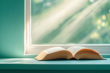 Aufkleber - A serene macro photograph of a book lying open on a windowsill, with sunlight streaming through the pages and casting beautiful light patterns on the background,