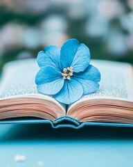Aufkleber - An artistic macro photograph of a poetry book with pressed flowers between the pages, set against a blurred garden background, symbolizing the blend of nature and art,