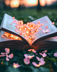 Fototapete - An artistic macro photograph of a poetry book with pressed flowers between the pages, set against a blurred garden background, symbolizing the blend of nature and art,