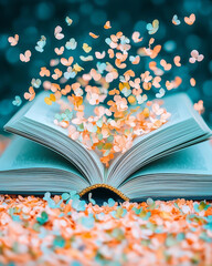 Aufkleber - An artistic macro photograph of a poetry book with pressed flowers between the pages, set against a blurred garden background, symbolizing the blend of nature and art,