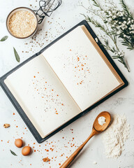Fototapete - A minimalist close-up of an open cookbook with beautifully arranged recipes and ingredients, creating an inviting and aesthetically pleasing kitchen background,