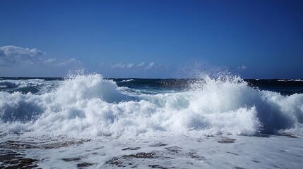Poster - Powerful Ocean Waves Crashing Against Coastline Under Sunny Blue Sky : Generative AI