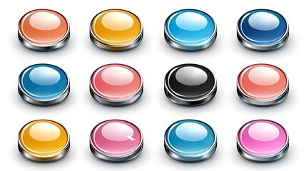 Colorful glossy web buttons; interface design elements; white background; website design
