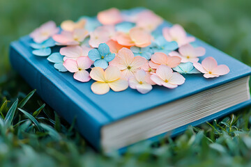 Fototapete - An artistic macro photograph of a poetry book with pressed flowers between the pages, set against a blurred garden background, symbolizing the blend of nature and art,