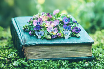 Poster - An artistic macro photograph of a poetry book with pressed flowers between the pages, set against a blurred garden background, symbolizing the blend of nature and art,