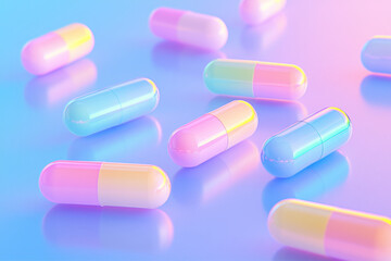 Leinwandbilder - A vibrant close-up of colorful vitamin pills scattered artistically on a smooth, reflective surface, with soft lighting highlighting their glossy textures and vivid hues,