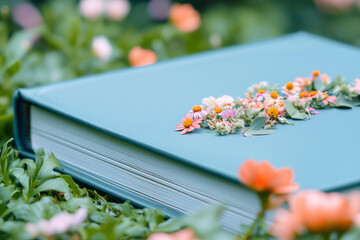 Fototapete - An artistic macro photograph of a poetry book with pressed flowers between the pages, set against a blurred garden background, symbolizing the blend of nature and art,