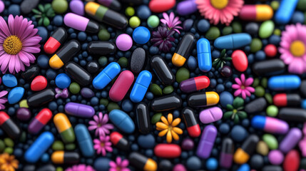 Leinwandbilder - A vibrant digital artwork depicting a variety of beauty and wellness pills scattered amidst floral elements, blending health with nature in a harmonious composition,