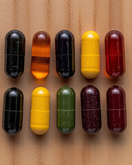Poster - A stunning close-up of herbal supplement pills arranged neatly on a wooden surface, with natural shadows enhancing their organic colors and textures,