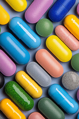 Leinwandbilder - A high-resolution macro shot of multicolored pills arranged in geometric shapes, set against a subtle gradient background to enhance their visual appeal,