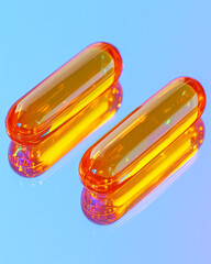 Leinwandbilder - An elegant macro image of CBD oil capsules placed gracefully on a reflective surface, with soft lighting creating beautiful reflections and shadows,