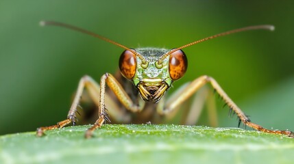 Poster - Closeup of Praying Mantis on Leaf with Vibrant Green Background : Generative AI