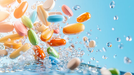 Leinwandbilder - A dynamic close-up photograph of vitamins and minerals pills cascading down a glass surface, capturing motion and vibrant colors in a single frame,