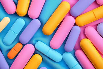 Leinwandbilder - A vibrant close-up of antioxidants pills scattered across a bright, colorful fabric, highlighting their rich colors and shiny surfaces,