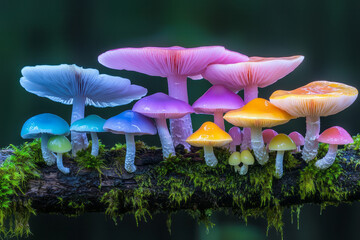 Poster - A vibrant close-up photograph of colorful wild mushrooms arranged on a moss-covered log, with soft natural lighting highlighting their intricate textures and vivid hues,
