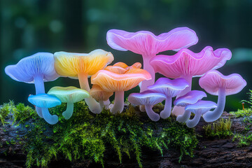 Poster - A vibrant close-up photograph of colorful wild mushrooms arranged on a moss-covered log, with soft natural lighting highlighting their intricate textures and vivid hues,