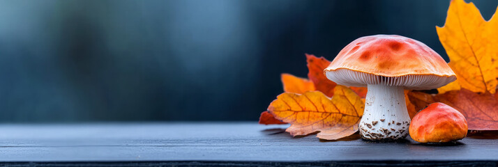 Poster - A detailed close-up of a single porcini mushroom with its rugged stem and textured cap, placed on a rustic wooden surface with autumn leaves in the background,