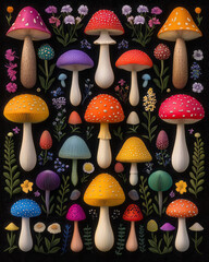 Poster - A creative close-up of colorful toadstools arranged in a symmetrical pattern on a vibrant floral background, emphasizing their natural beauty and symmetry,