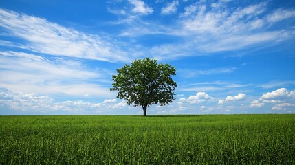 Poster - Solitary tree in vast green field under vibrant blue sky representing tranquility and nature. : Generative AI