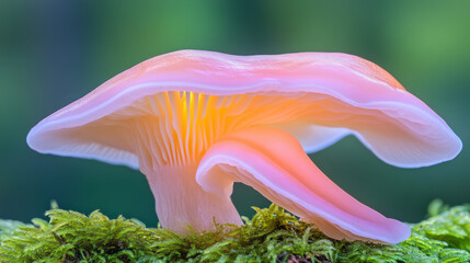 Poster - A high-resolution macro shot of intricate mushroom gills and spores, showcasing the detailed anatomy of a mature cap against a softly blurred woodland background,