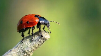 Poster - Brilliant Red Ladybug Perched On Green Stick Against Lush Background : Generative AI