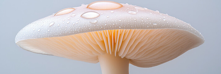 Poster - A minimalist close-up of a white button mushroom with water droplets on its cap, set against a clean, light-colored background to highlight its simplicity and elegance,
