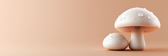 Poster - A minimalist close-up of a white button mushroom with water droplets on its cap, set against a clean, light-colored background to highlight its simplicity and elegance,