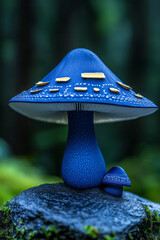 Poster - A detailed macro photograph of a rare blue mushroom with unique patterns on its cap, placed on a textured stone surface with a blurred forest backdrop,