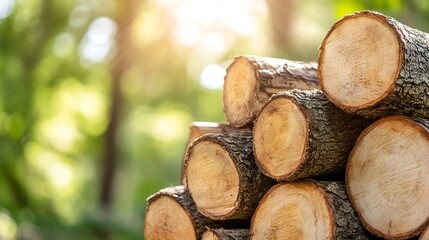 Poster - Stack of Cut Wooden Logs in Sunlit Forest Symbolizing Sustainable Forestry and Natural Energy : Generative AI