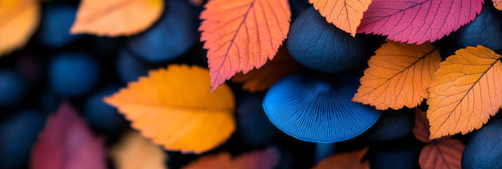 Poster - A creative close-up of mushrooms growing amidst colorful autumn leaves, highlighting the contrast between the bright foliage and the earthy tones of the fungi,