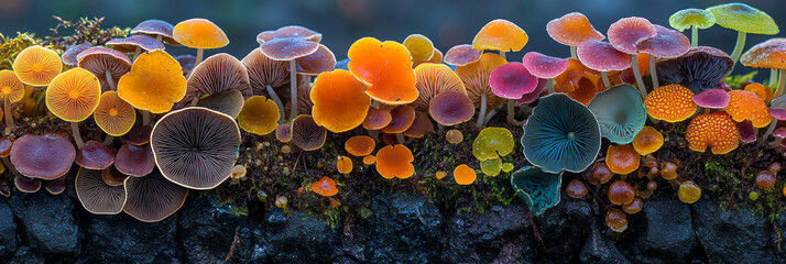 Aufkleber - An artistic close-up of a group of tiny mushrooms forming a natural mosaic on a flat stone, with vibrant colors and intricate patterns enhancing the visual interest,