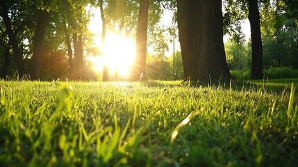 Poster - Sunset Through Lush Forest Creating Golden Sunburst Effect on Grass : Generative AI