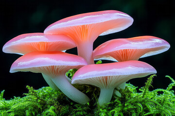 Poster - A vibrant macro shot of a cluster of mushrooms with bright red and white caps, set against a lush green background of ferns and moss, creating a lively and enchanting scene,