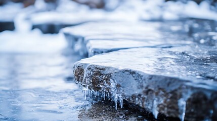 Poster - CloseUp of Frozen Water and Ice Formation on Rocky Surface in Winter : Generative AI
