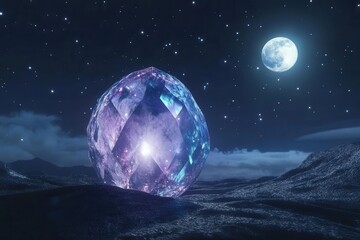 Wall Mural - celestial aurora borealis dancing across diamond-studded night sky, massive crystal moon casting pri