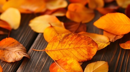 Poster - Vibrant Autumn Leaves on Rustic Wooden Surface Capturing Fall Colors : Generative AI