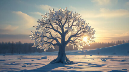 Wall Mural - Winter sunset over a snowy landscape with bare trees and a frozen field