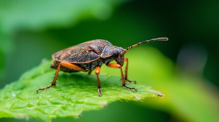 Poster - Detailed View of Unique Brown and Orange Beetle on Leaf Highlighting Intricate Patterns : Generative AI