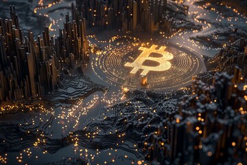 Poster - Golden bitcoin symbol is illuminating a futuristic cityscape at night