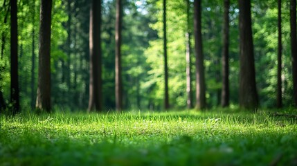 Aufkleber - Tranquil Sunlit Forest Glade with Tall Green Trees and Lush Grass in Soft Focus : Generative AI