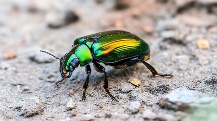 Poster - Macro Shot Of Metallic Green Insect Walking On Rocky Surface : Generative AI