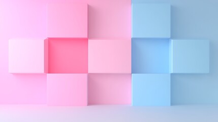 Poster - Soft Pastel Colored Cubes on a Wall Creating a Modern Artistic Display with Pink and Blue Tones