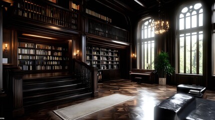 Poster - Classic and Elegant Library with Vintage Wooden Bookshelves and Grand Windows : Generative AI